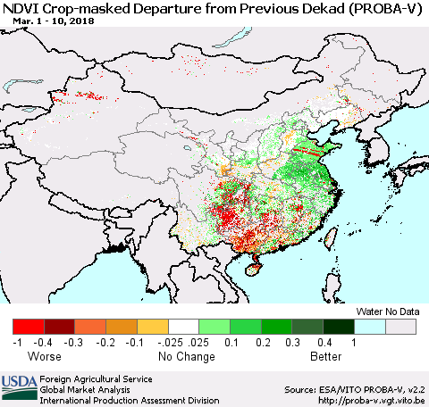China, Mongolia and Taiwan NDVI Crop-masked Departure from Previous Dekad (PROBA-V) Thematic Map For 3/1/2018 - 3/10/2018