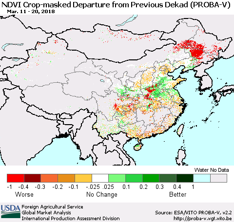China, Mongolia and Taiwan NDVI Crop-masked Departure from Previous Dekad (PROBA-V) Thematic Map For 3/11/2018 - 3/20/2018