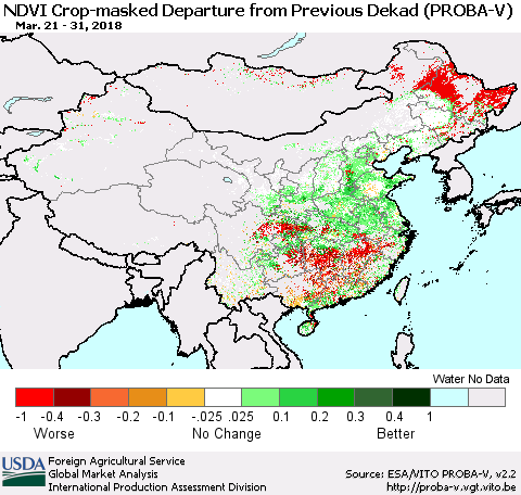 China, Mongolia and Taiwan NDVI Crop-masked Departure from Previous Dekad (PROBA-V) Thematic Map For 3/21/2018 - 3/31/2018