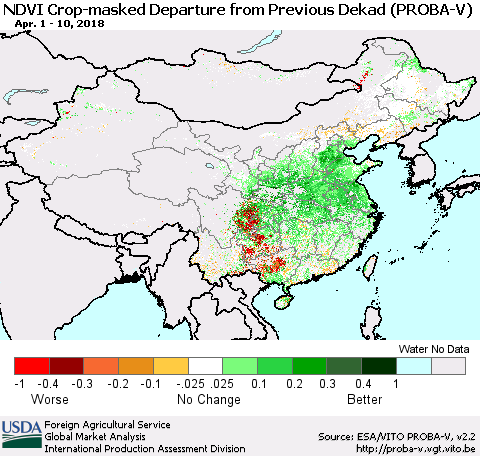 China, Mongolia and Taiwan NDVI Crop-masked Departure from Previous Dekad (PROBA-V) Thematic Map For 4/1/2018 - 4/10/2018