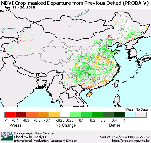 China, Mongolia and Taiwan NDVI Crop-masked Departure from Previous Dekad (PROBA-V) Thematic Map For 4/11/2018 - 4/20/2018