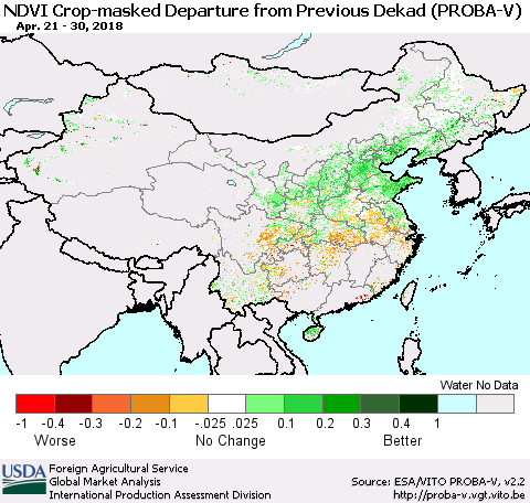 China, Mongolia and Taiwan NDVI Crop-masked Departure from Previous Dekad (PROBA-V) Thematic Map For 4/21/2018 - 4/30/2018
