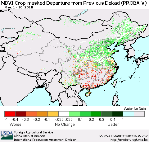 China, Mongolia and Taiwan NDVI Crop-masked Departure from Previous Dekad (PROBA-V) Thematic Map For 5/1/2018 - 5/10/2018