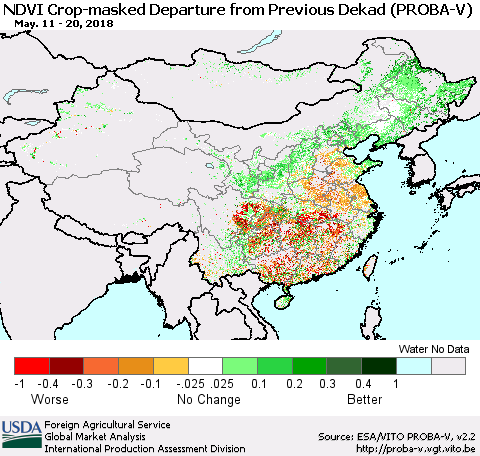 China, Mongolia and Taiwan NDVI Crop-masked Departure from Previous Dekad (PROBA-V) Thematic Map For 5/11/2018 - 5/20/2018