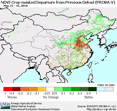 China, Mongolia and Taiwan NDVI Crop-masked Departure from Previous Dekad (PROBA-V) Thematic Map For 5/21/2018 - 5/31/2018