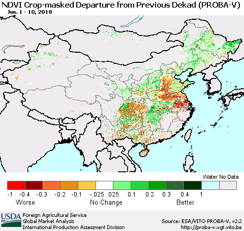 China, Mongolia and Taiwan NDVI Crop-masked Departure from Previous Dekad (PROBA-V) Thematic Map For 6/1/2018 - 6/10/2018