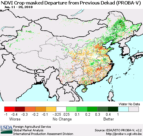 China, Mongolia and Taiwan NDVI Crop-masked Departure from Previous Dekad (PROBA-V) Thematic Map For 6/11/2018 - 6/20/2018