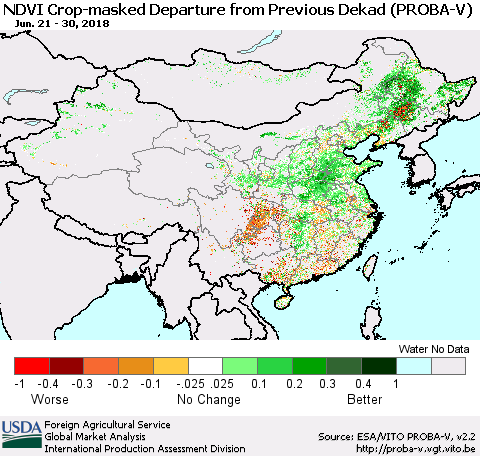 China, Mongolia and Taiwan NDVI Crop-masked Departure from Previous Dekad (PROBA-V) Thematic Map For 6/21/2018 - 6/30/2018