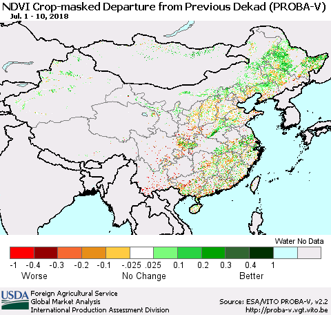 China, Mongolia and Taiwan NDVI Crop-masked Departure from Previous Dekad (PROBA-V) Thematic Map For 7/1/2018 - 7/10/2018