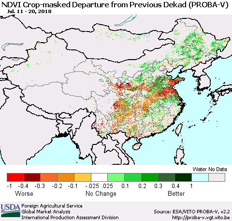 China, Mongolia and Taiwan NDVI Crop-masked Departure from Previous Dekad (PROBA-V) Thematic Map For 7/11/2018 - 7/20/2018