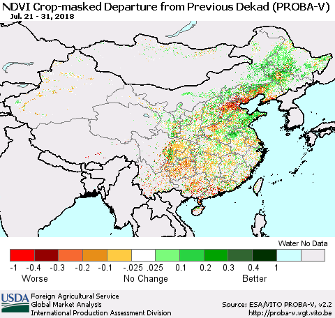 China, Mongolia and Taiwan NDVI Crop-masked Departure from Previous Dekad (PROBA-V) Thematic Map For 7/21/2018 - 7/31/2018
