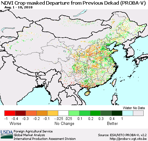 China, Mongolia and Taiwan NDVI Crop-masked Departure from Previous Dekad (PROBA-V) Thematic Map For 8/1/2018 - 8/10/2018