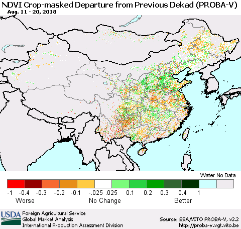 China, Mongolia and Taiwan NDVI Crop-masked Departure from Previous Dekad (PROBA-V) Thematic Map For 8/11/2018 - 8/20/2018