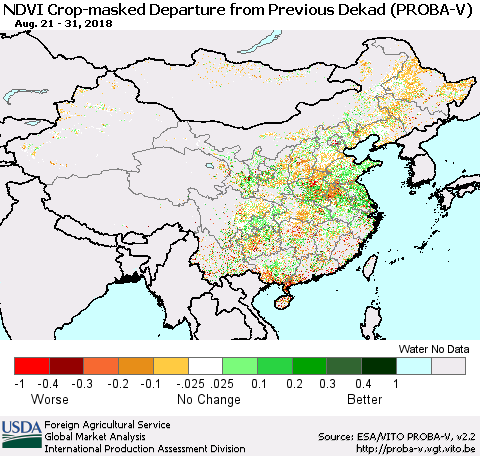 China, Mongolia and Taiwan NDVI Crop-masked Departure from Previous Dekad (PROBA-V) Thematic Map For 8/21/2018 - 8/31/2018