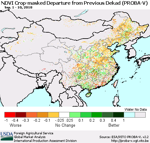 China, Mongolia and Taiwan NDVI Crop-masked Departure from Previous Dekad (PROBA-V) Thematic Map For 9/1/2018 - 9/10/2018