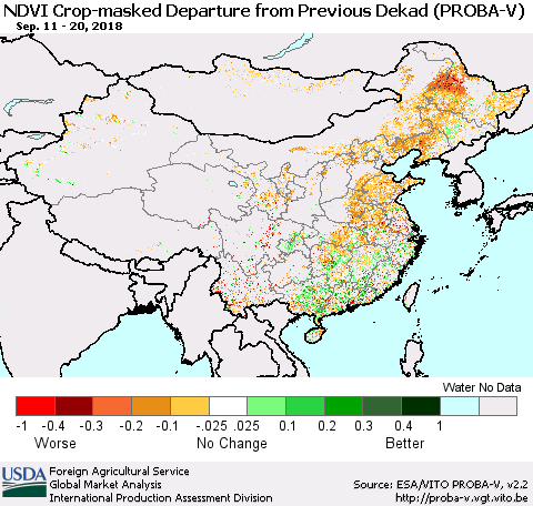 China, Mongolia and Taiwan NDVI Crop-masked Departure from Previous Dekad (PROBA-V) Thematic Map For 9/11/2018 - 9/20/2018