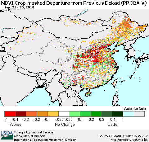 China, Mongolia and Taiwan NDVI Crop-masked Departure from Previous Dekad (PROBA-V) Thematic Map For 9/21/2018 - 9/30/2018