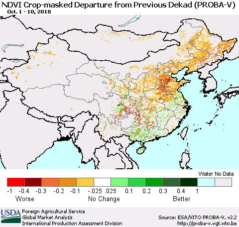 China, Mongolia and Taiwan NDVI Crop-masked Departure from Previous Dekad (PROBA-V) Thematic Map For 10/1/2018 - 10/10/2018