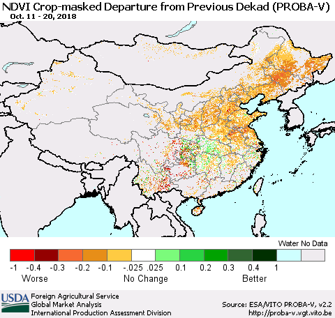 China, Mongolia and Taiwan NDVI Crop-masked Departure from Previous Dekad (PROBA-V) Thematic Map For 10/11/2018 - 10/20/2018