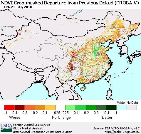 China, Mongolia and Taiwan NDVI Crop-masked Departure from Previous Dekad (PROBA-V) Thematic Map For 10/21/2018 - 10/31/2018