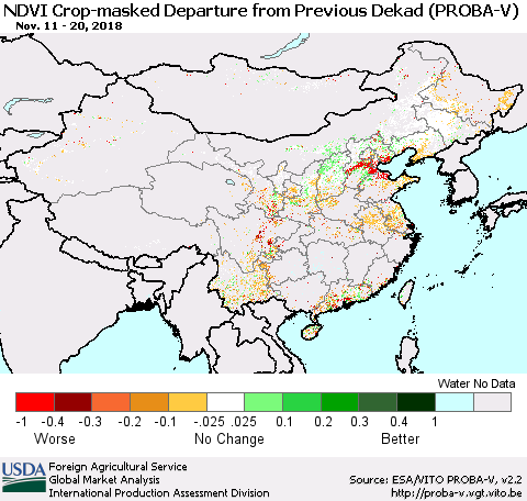 China, Mongolia and Taiwan NDVI Crop-masked Departure from Previous Dekad (PROBA-V) Thematic Map For 11/11/2018 - 11/20/2018