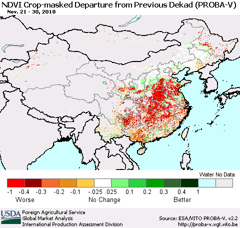 China, Mongolia and Taiwan NDVI Crop-masked Departure from Previous Dekad (PROBA-V) Thematic Map For 11/21/2018 - 11/30/2018