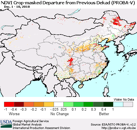 China, Mongolia and Taiwan NDVI Crop-masked Departure from Previous Dekad (PROBA-V) Thematic Map For 12/1/2018 - 12/10/2018
