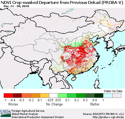 China, Mongolia and Taiwan NDVI Crop-masked Departure from Previous Dekad (PROBA-V) Thematic Map For 12/11/2018 - 12/20/2018
