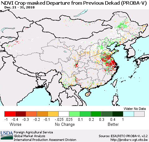 China, Mongolia and Taiwan NDVI Crop-masked Departure from Previous Dekad (PROBA-V) Thematic Map For 12/21/2018 - 12/31/2018
