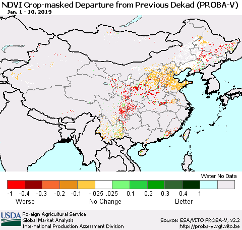 China, Mongolia and Taiwan NDVI Crop-masked Departure from Previous Dekad (PROBA-V) Thematic Map For 1/1/2019 - 1/10/2019