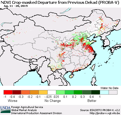 China, Mongolia and Taiwan NDVI Crop-masked Departure from Previous Dekad (PROBA-V) Thematic Map For 1/11/2019 - 1/20/2019