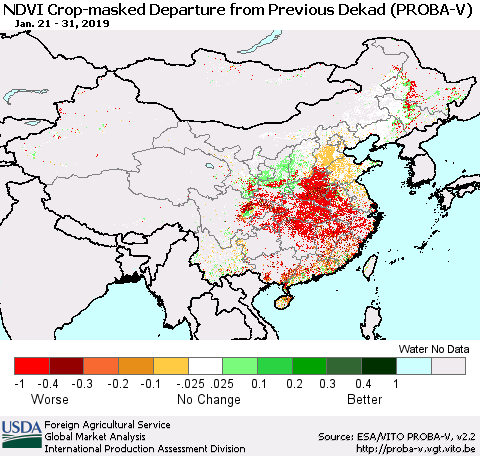 China, Mongolia and Taiwan NDVI Crop-masked Departure from Previous Dekad (PROBA-V) Thematic Map For 1/21/2019 - 1/31/2019