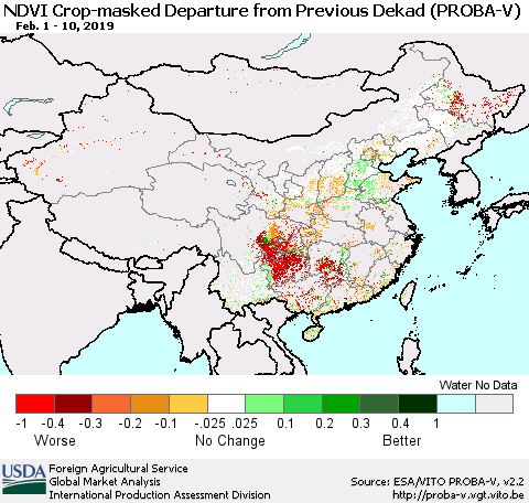 China, Mongolia and Taiwan NDVI Crop-masked Departure from Previous Dekad (PROBA-V) Thematic Map For 2/1/2019 - 2/10/2019