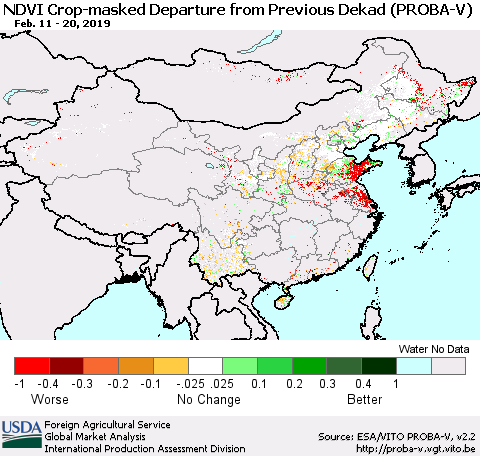China, Mongolia and Taiwan NDVI Crop-masked Departure from Previous Dekad (PROBA-V) Thematic Map For 2/11/2019 - 2/20/2019