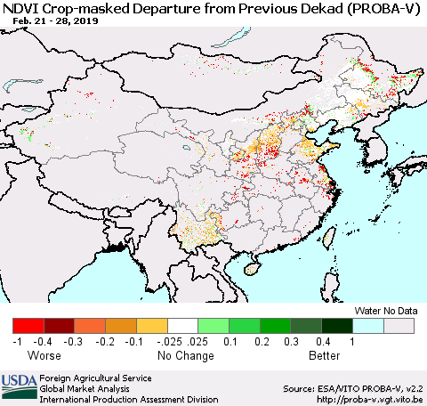 China, Mongolia and Taiwan NDVI Crop-masked Departure from Previous Dekad (PROBA-V) Thematic Map For 2/21/2019 - 2/28/2019