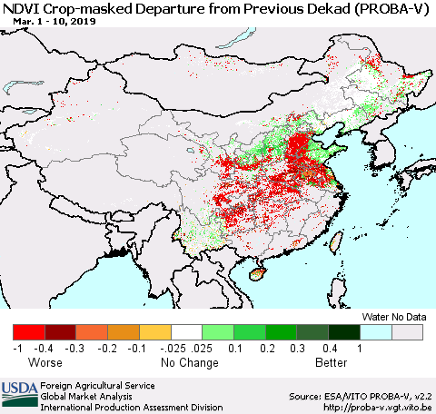 China, Mongolia and Taiwan NDVI Crop-masked Departure from Previous Dekad (PROBA-V) Thematic Map For 3/1/2019 - 3/10/2019
