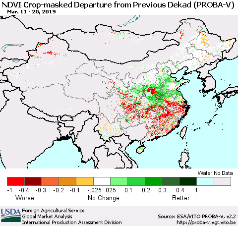 China, Mongolia and Taiwan NDVI Crop-masked Departure from Previous Dekad (PROBA-V) Thematic Map For 3/11/2019 - 3/20/2019