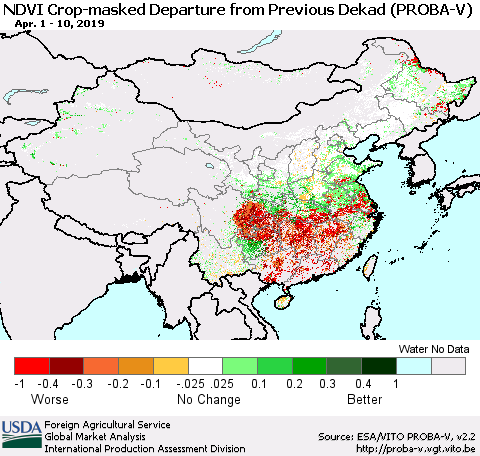 China, Mongolia and Taiwan NDVI Crop-masked Departure from Previous Dekad (PROBA-V) Thematic Map For 4/1/2019 - 4/10/2019