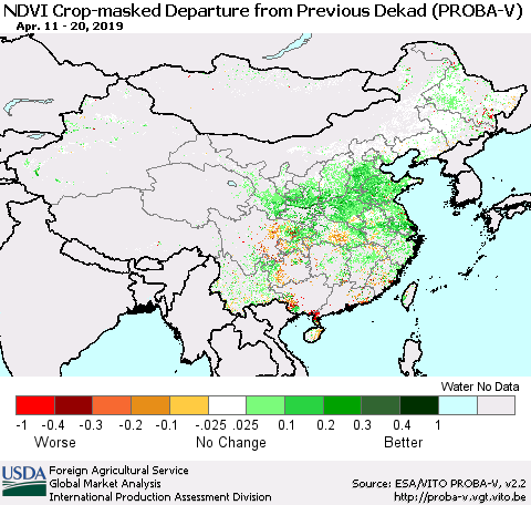 China, Mongolia and Taiwan NDVI Crop-masked Departure from Previous Dekad (PROBA-V) Thematic Map For 4/11/2019 - 4/20/2019