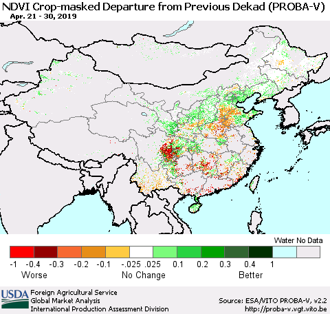 China, Mongolia and Taiwan NDVI Crop-masked Departure from Previous Dekad (PROBA-V) Thematic Map For 4/21/2019 - 4/30/2019