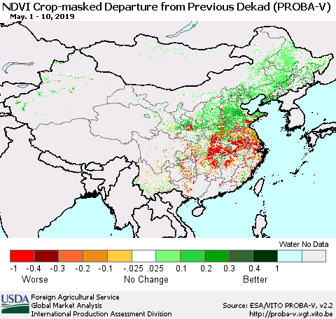 China, Mongolia and Taiwan NDVI Crop-masked Departure from Previous Dekad (PROBA-V) Thematic Map For 5/1/2019 - 5/10/2019