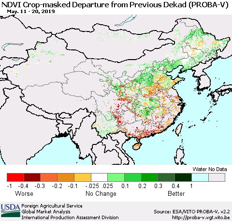 China, Mongolia and Taiwan NDVI Crop-masked Departure from Previous Dekad (PROBA-V) Thematic Map For 5/11/2019 - 5/20/2019