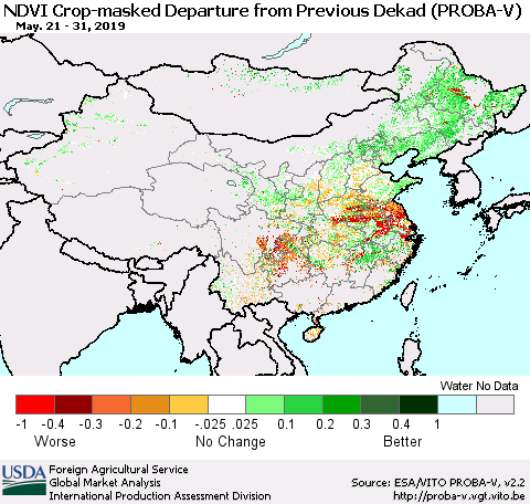 China, Mongolia and Taiwan NDVI Crop-masked Departure from Previous Dekad (PROBA-V) Thematic Map For 5/21/2019 - 5/31/2019