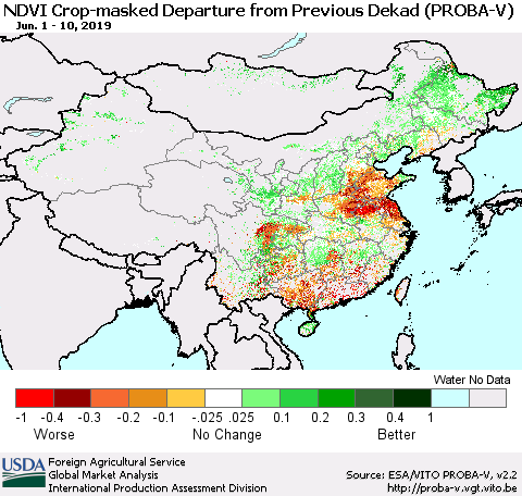 China, Mongolia and Taiwan NDVI Crop-masked Departure from Previous Dekad (PROBA-V) Thematic Map For 6/1/2019 - 6/10/2019