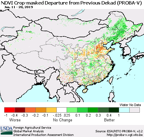 China, Mongolia and Taiwan NDVI Crop-masked Departure from Previous Dekad (PROBA-V) Thematic Map For 6/11/2019 - 6/20/2019