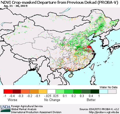 China, Mongolia and Taiwan NDVI Crop-masked Departure from Previous Dekad (PROBA-V) Thematic Map For 6/21/2019 - 6/30/2019