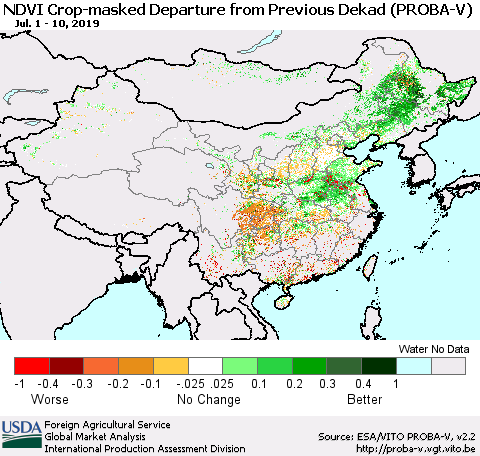 China, Mongolia and Taiwan NDVI Crop-masked Departure from Previous Dekad (PROBA-V) Thematic Map For 7/1/2019 - 7/10/2019
