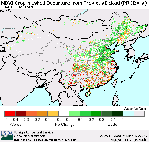 China, Mongolia and Taiwan NDVI Crop-masked Departure from Previous Dekad (PROBA-V) Thematic Map For 7/11/2019 - 7/20/2019