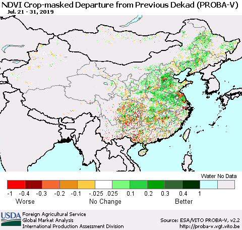 China, Mongolia and Taiwan NDVI Crop-masked Departure from Previous Dekad (PROBA-V) Thematic Map For 7/21/2019 - 7/31/2019