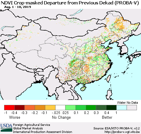 China, Mongolia and Taiwan NDVI Crop-masked Departure from Previous Dekad (PROBA-V) Thematic Map For 8/1/2019 - 8/10/2019